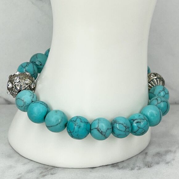 Faux Turquoise Beaded Rhinestone Seahorse Charm Stretch Bracelet - Picture 7 of 8